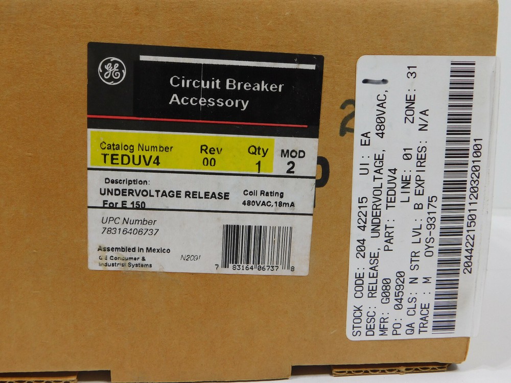 GE Circuit Breaker Accessory TEDUV4 Undervoltage Release for E150 480VAC