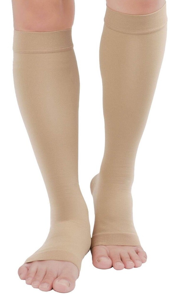 Lin Performance Graduated Open Toe Knee High Compression Socks  Sz L  Beige