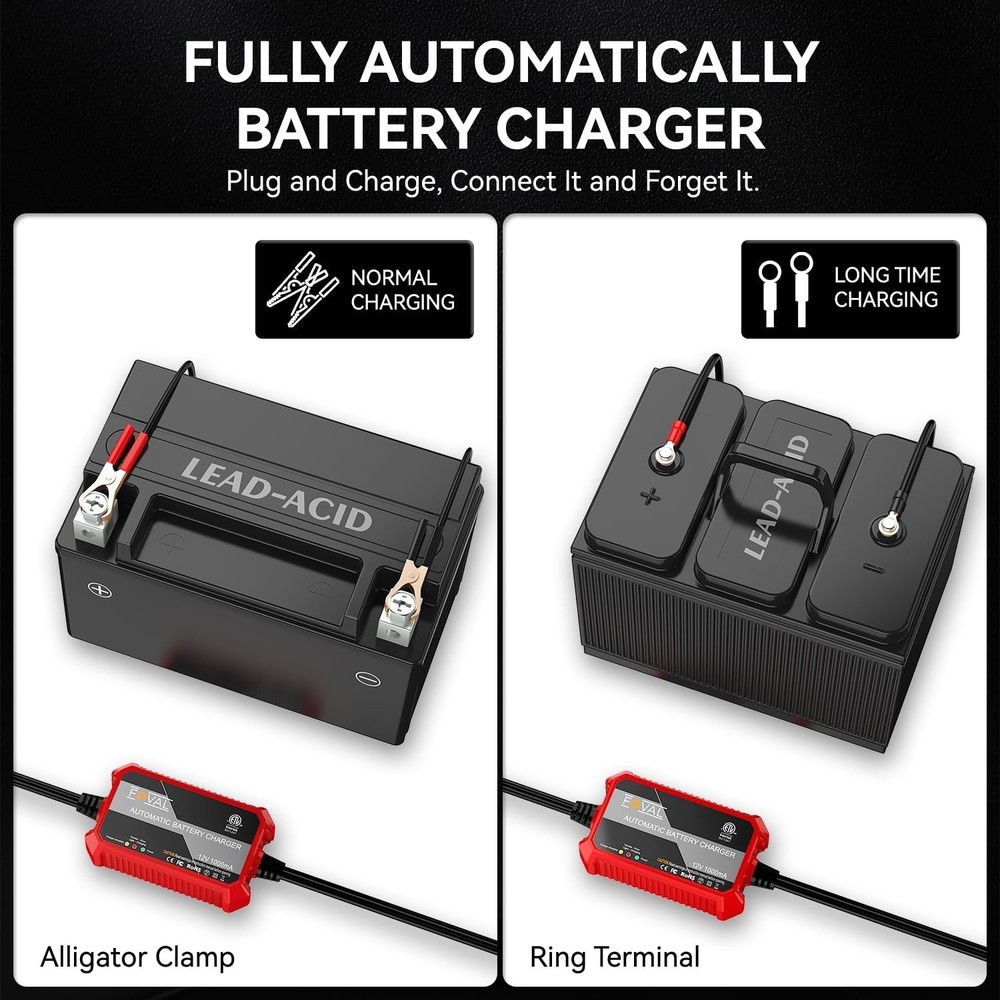 Multi-Functional 12V Smart Battery Charger with LED Indicators & Safety Features