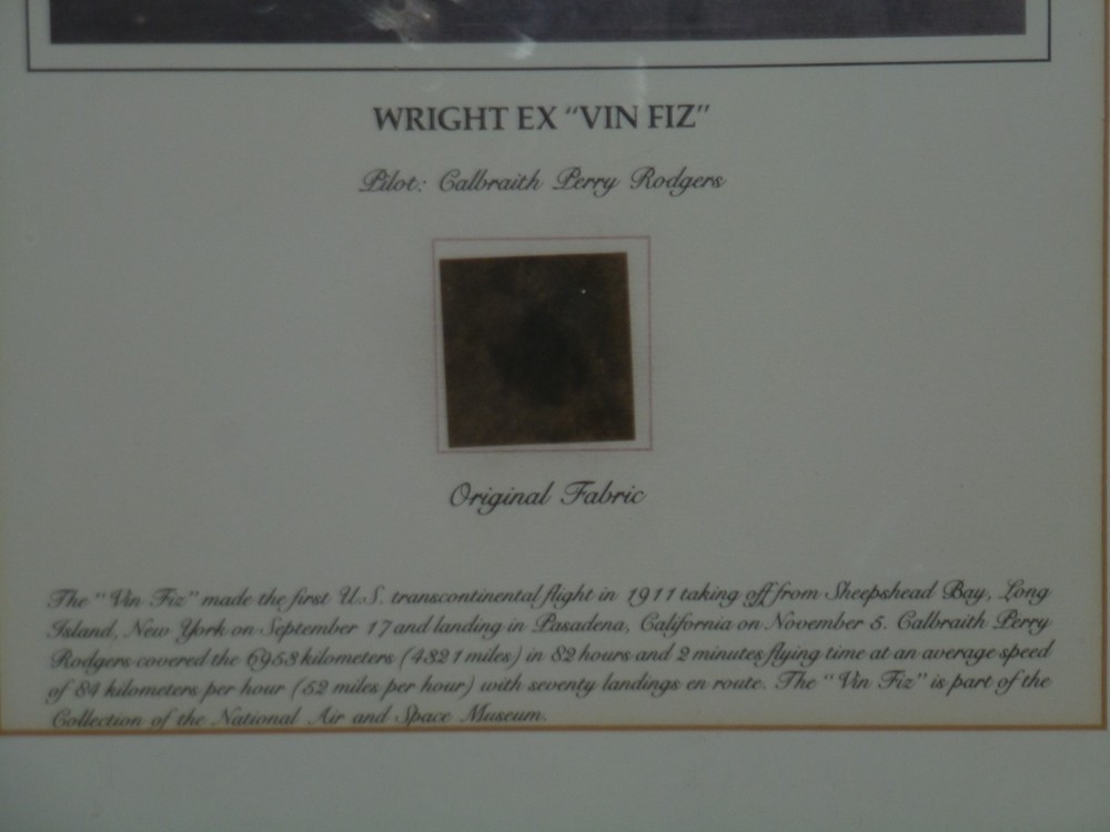 SMITHSONIAN WRIGHT FIRST U.S. TRANSCONTINETAL FLIGHT 1911 ORIGINAL FLOWN FABRIC