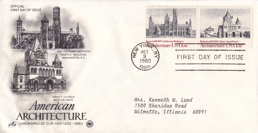 STAMP SCOTT 1838, 1839 "Smithsonian" "Architecture" 15 CENT 1980 FDC - O