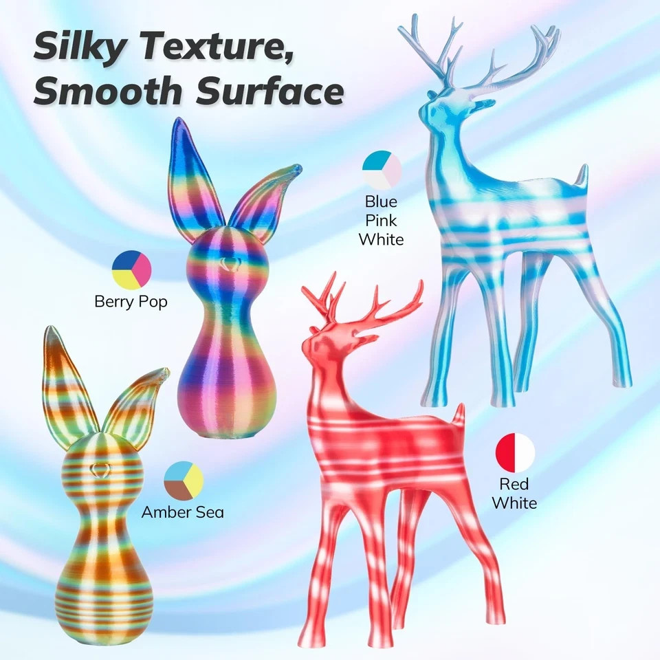 Silk 3D Printer Filament PLA Bundle, Shiny Multicolor Rainbow Filament Pack,