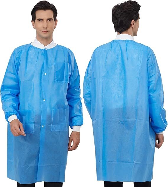 10-50 Count Disposable SMS Lab Coat Knee Length Knit Cuffs and Collar M L XL 2XL