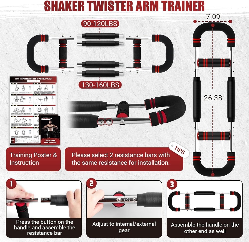 Adjustable twisting arm trainer for chest exercises.