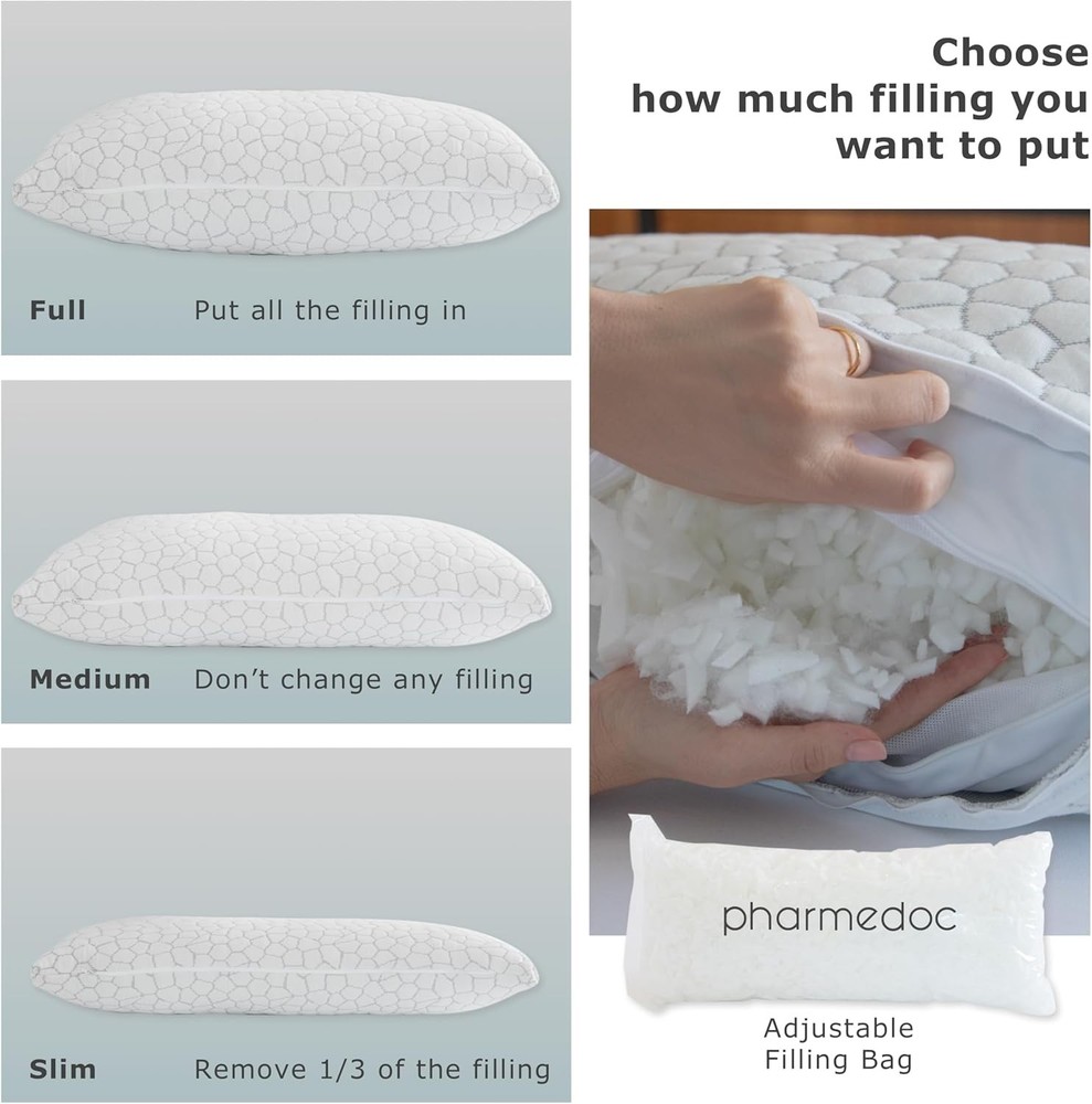 Pharmedoc Adjustable Shredded Memory Foam Bed Pillow - Perfect for Side Sleep