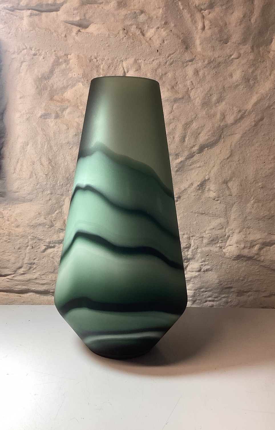 Beautiful Large Art Glass Vase Jade Green Wave Sandblasted Tall Sturdy 13.5 in