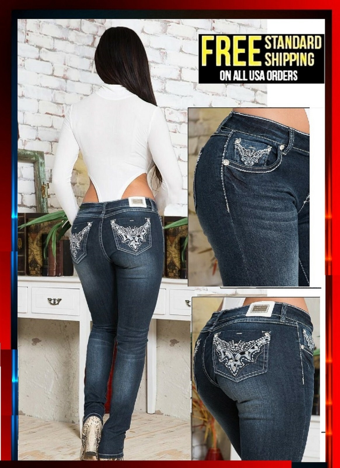 Classic Rhinestone Premium Women's Stretch Skinny Fit BLUE Denim Jeans Pants