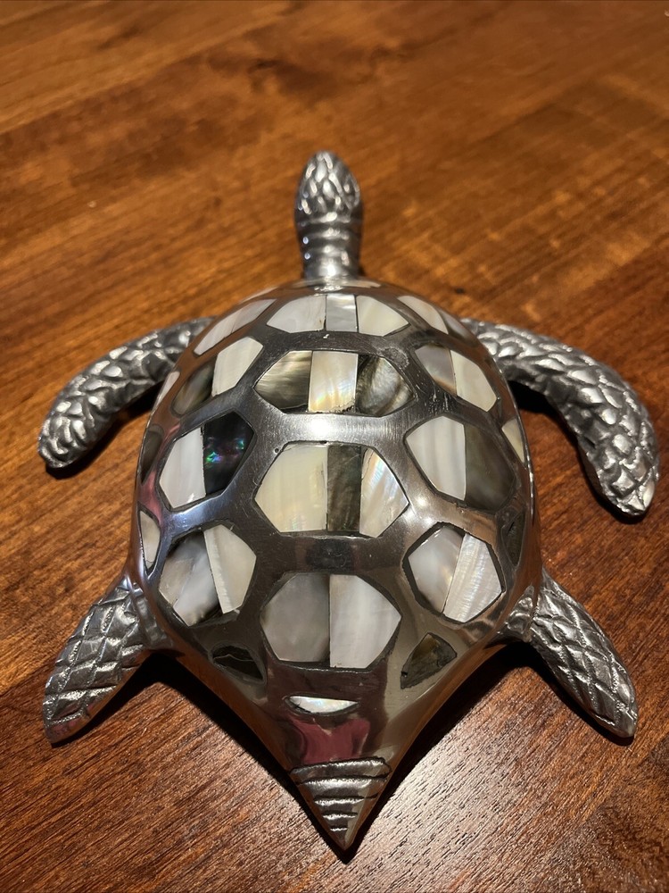 Sea Turtle Sculpture Silver Tone with Shell Abalone Inlay