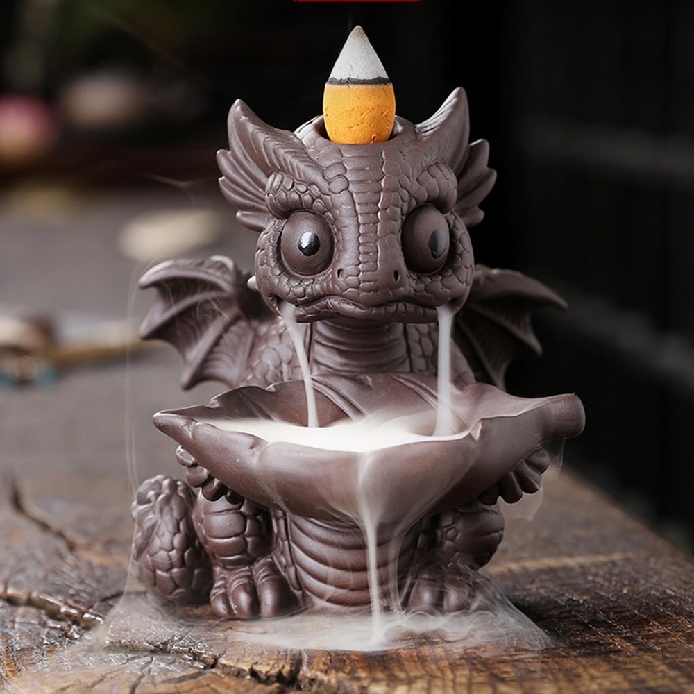 Ceramic Dragon Incense Burner, Cute Dinosaur Backflow Holder Brown