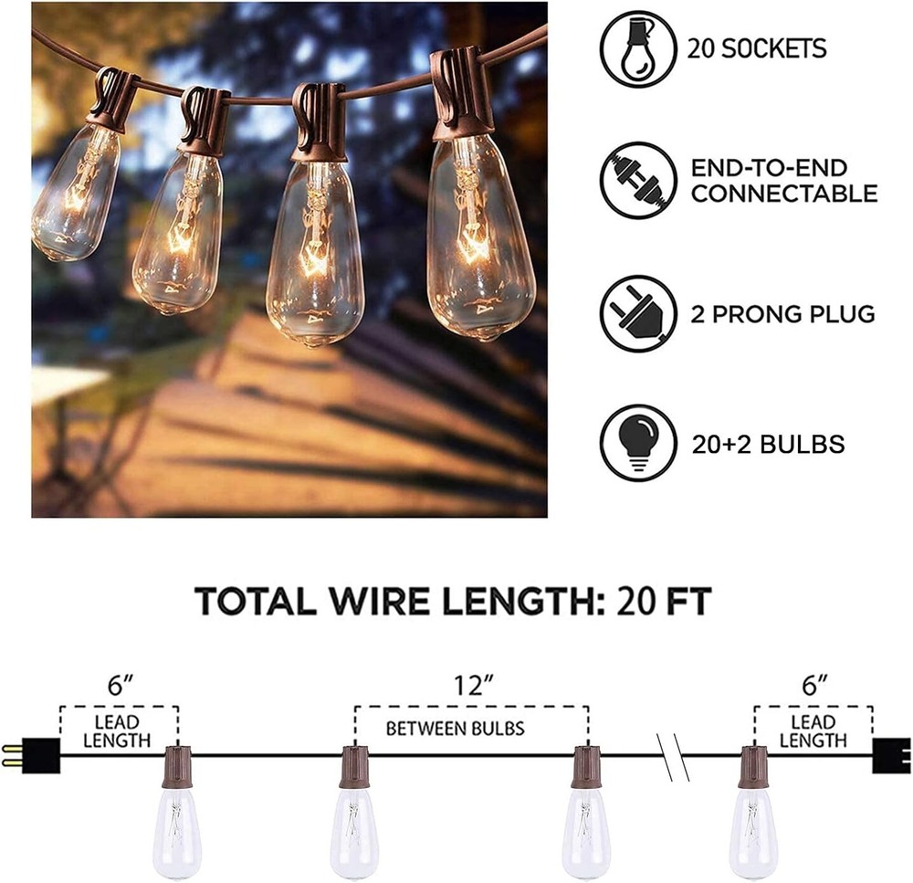 Durable Connectable Outdoor String Lights - Waterproof - 20FT with 22 Bulbs