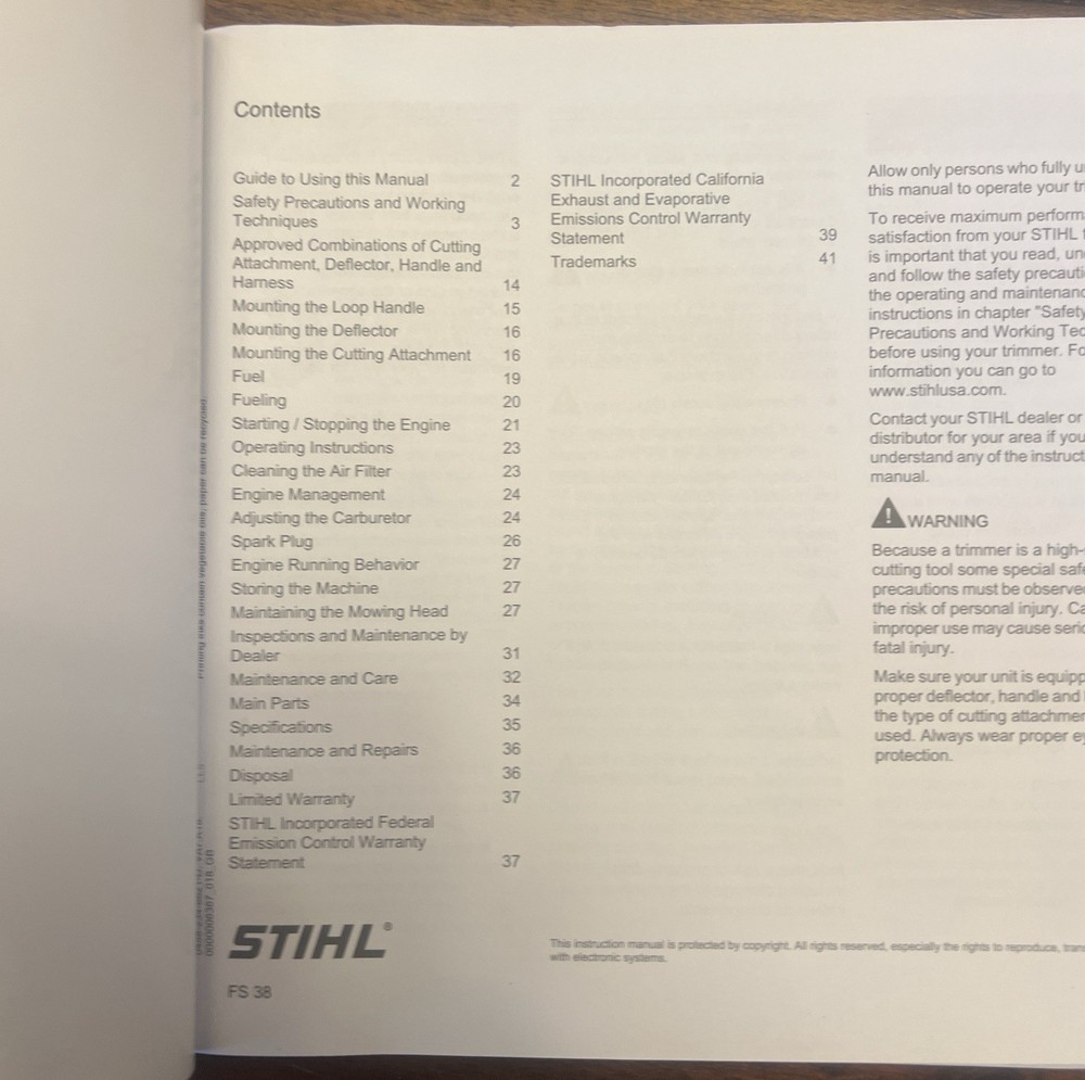 STIHL FS38 String Trimmer Owners Operators Manual Oem