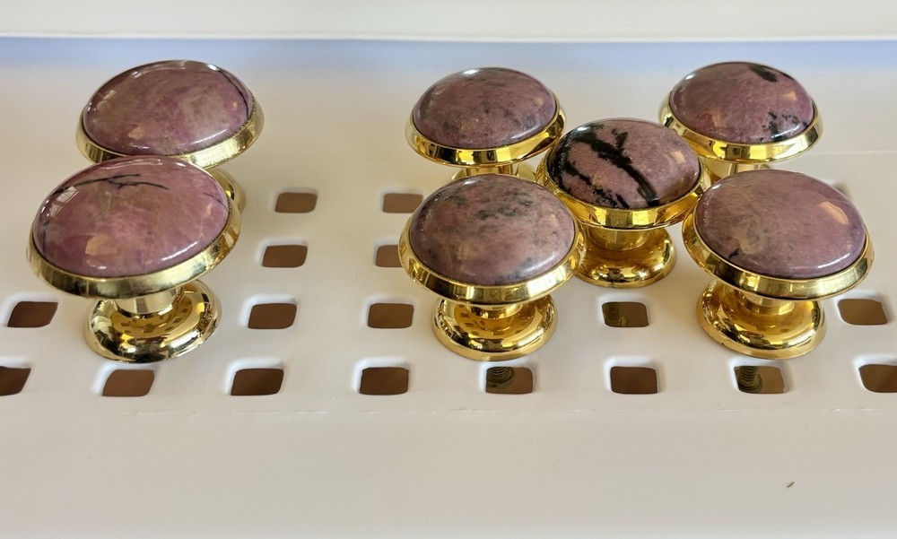 Pink Stone Brass Cabinet Knobs Rhodonite Style Drawer Pulls Vintage NOS