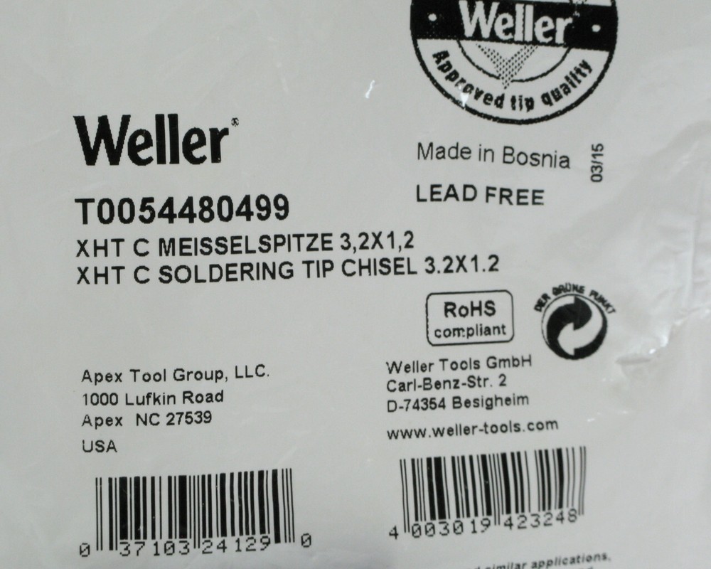 Weller XHT C Soldering Chisel Tip, 3.2mm X 1.2mm