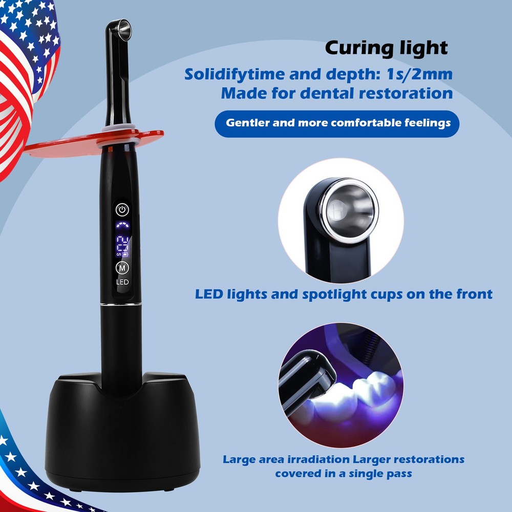 Dental Wireless LED Curing Light 1 Second Curing 2500mW/cm² with 7 Curing Lens