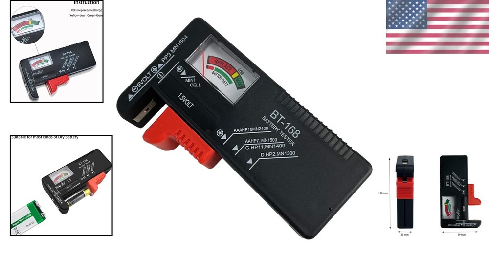 Compact Universal Battery Tester for AAA, AA, C, D, 9V & Button Cell Batteries