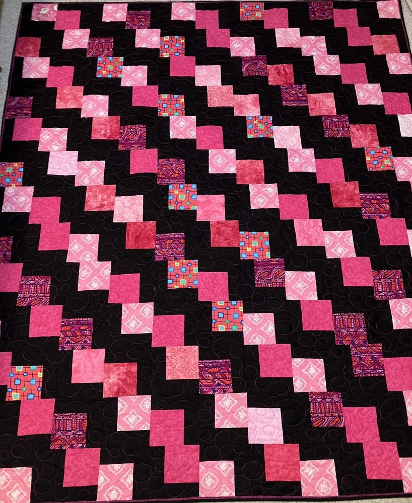 Hot Pinks and Black Falling Charm patchwork Quilt Twin/Full size 71" X 84"