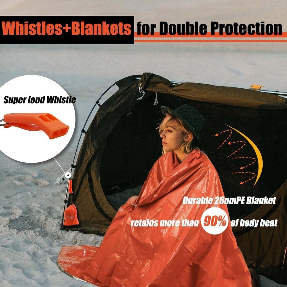 Emergency Blanket 2-Pack, Extra-Thick Extra-Large Space Blankets with Whistle...