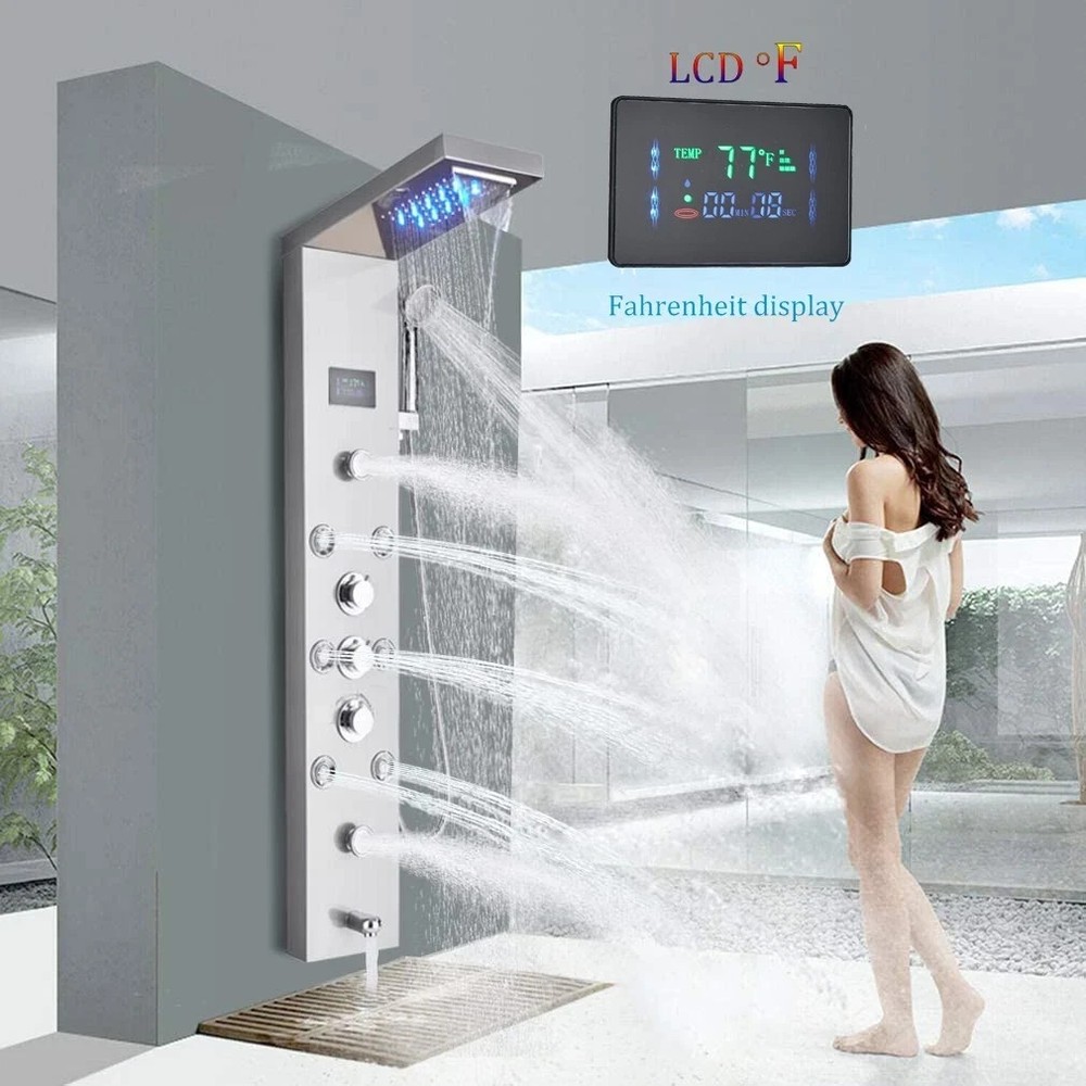 Rain Shower Panel Tower System Stainless Steel 6-Function Faucet LED Shower Head