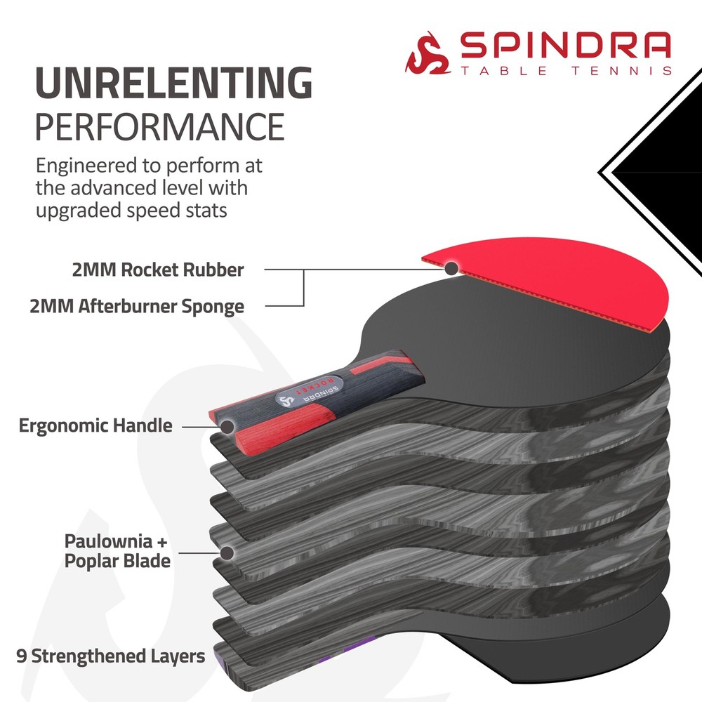 Spindra Rocket Performance Level Ping Pong Paddle, Intermediate/Advanced Tabl...