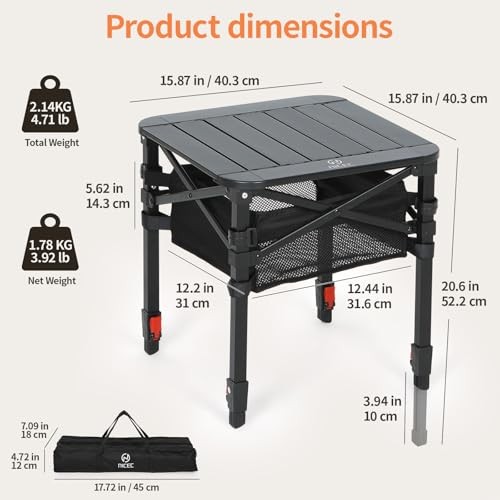 Aluminum Square Table, Adjustable Height Folding Camping Table, Small
