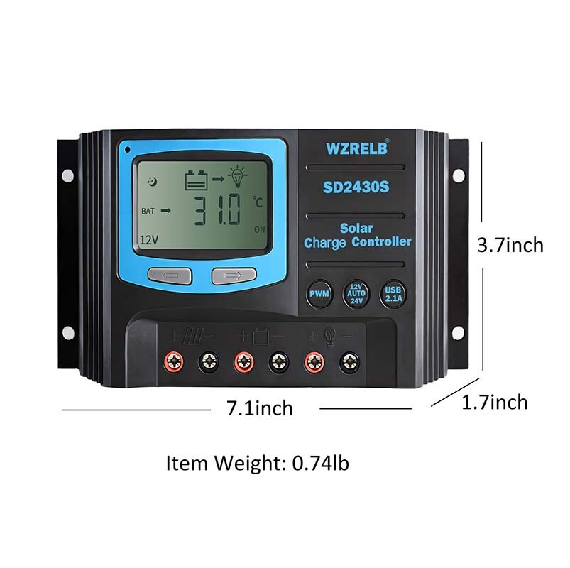 PWM Solar Panel Battery Charge LCD Controller 30A 12V/24VAuto Regulator Dual USB