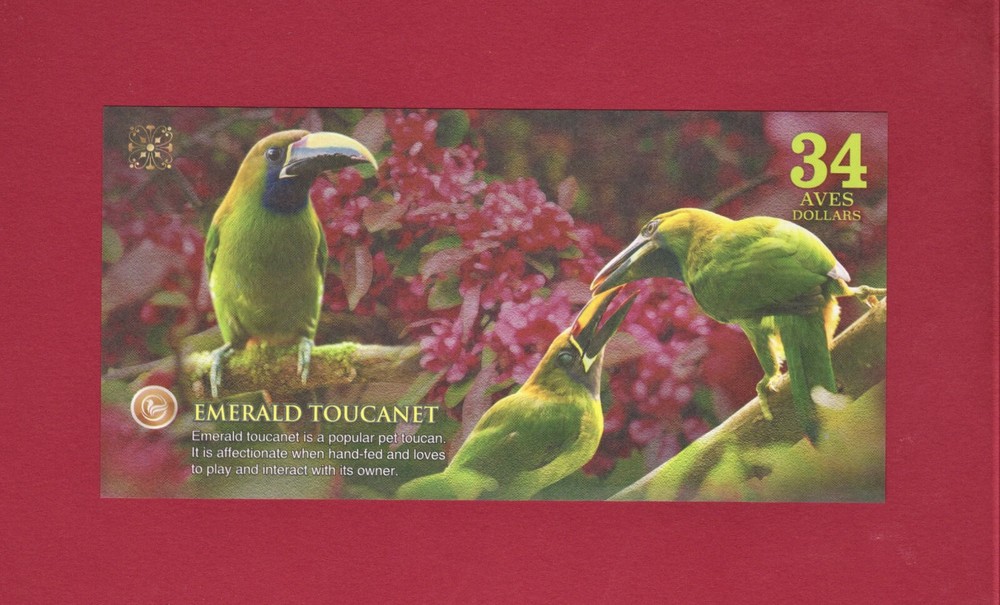 34 AVES DOLLARS 2017 ATLANTIC FOREST EMERALD TOUCANET 3-DIGITS SERIAL # UNC NOTE