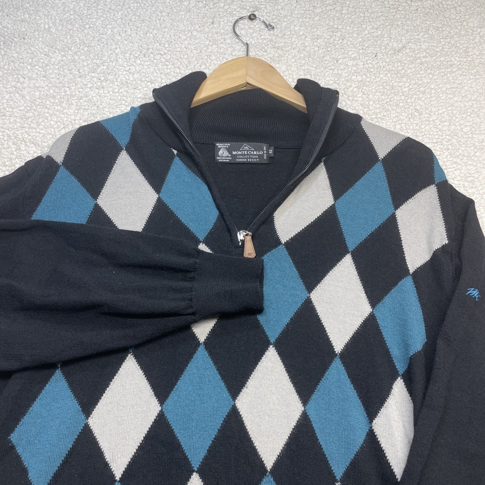 MONTE CARLO Mens wool Argyle Quarter Zip Sweater Black Blue Gray Pullover