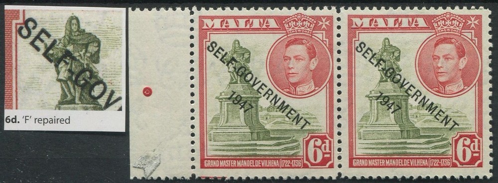 MALTA 1948-53 REPAIRED "F" 6d SG242b MINT