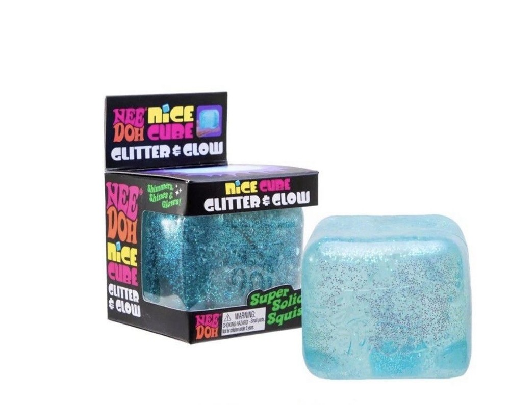 NeeDoh Nice Cube Glitter & Glow Super Solid Squish - Blue Glitter Glow FAST SHIP