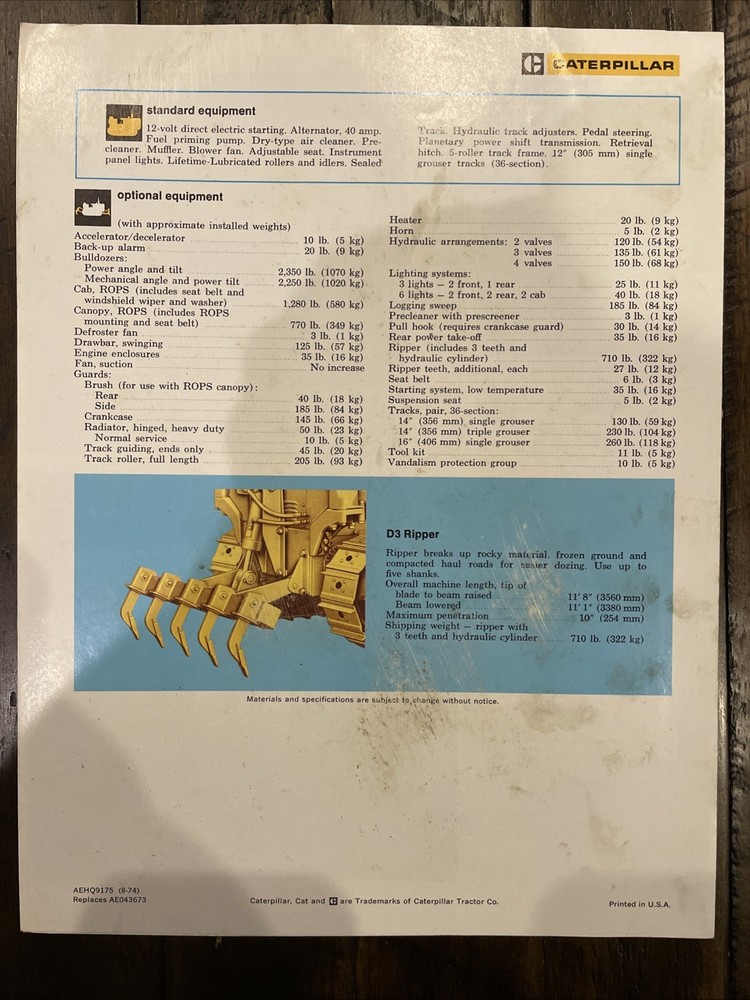 Caterpillar D3 Brochure ‘74