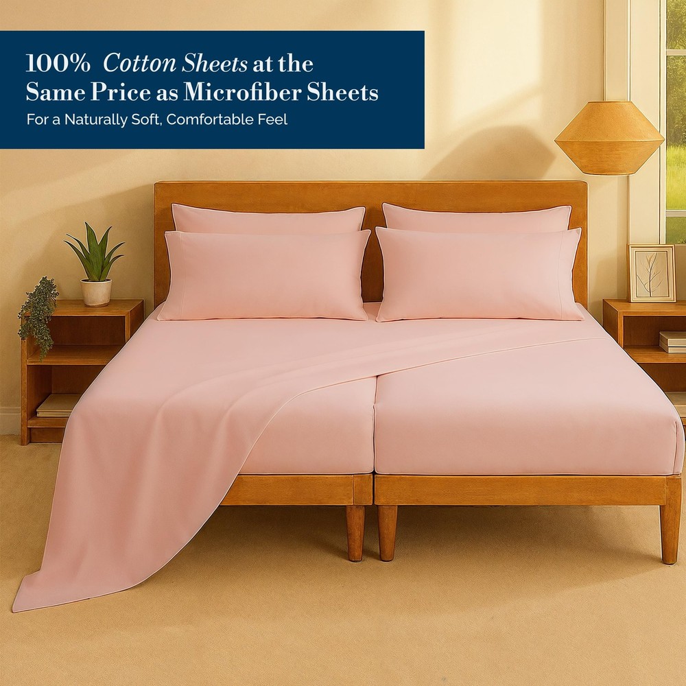 100% Cotton Split King Size Sheets Set – 7 Piece Crisp Percale Split King Siz...