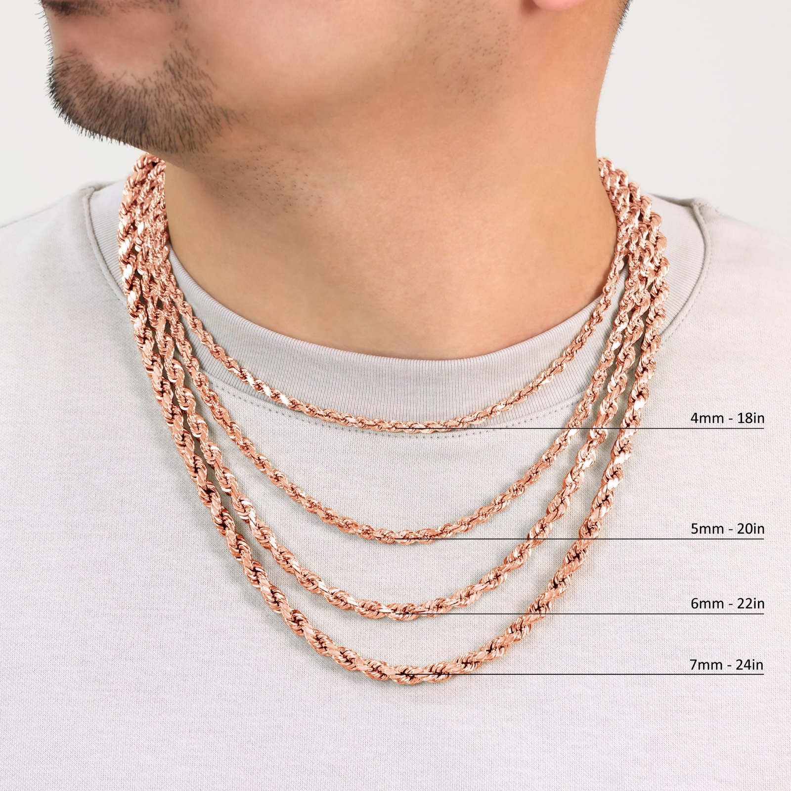 10K Rose Gold 1.5mm-6mm Diamond Cut Rope Chain Necklace Mens Womens 16"-30"