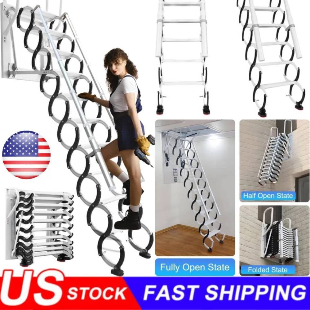 10/12 Steps Wall Mounted Folding Ladder Loft Stairs White Attic Steps Pull Down