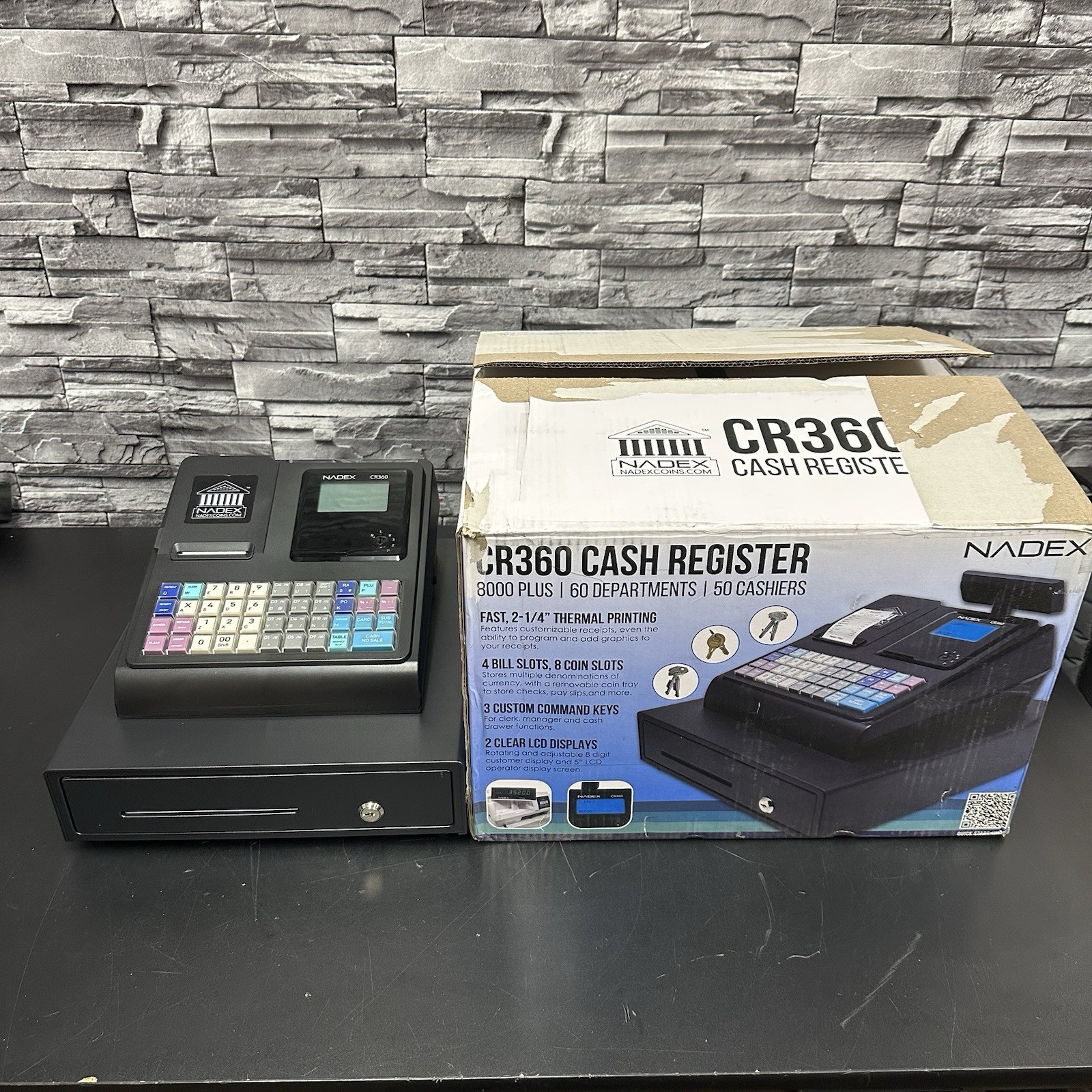 Nadex CR360 Thermal-Print Electronic Cash Register, 12 Compartments, Black