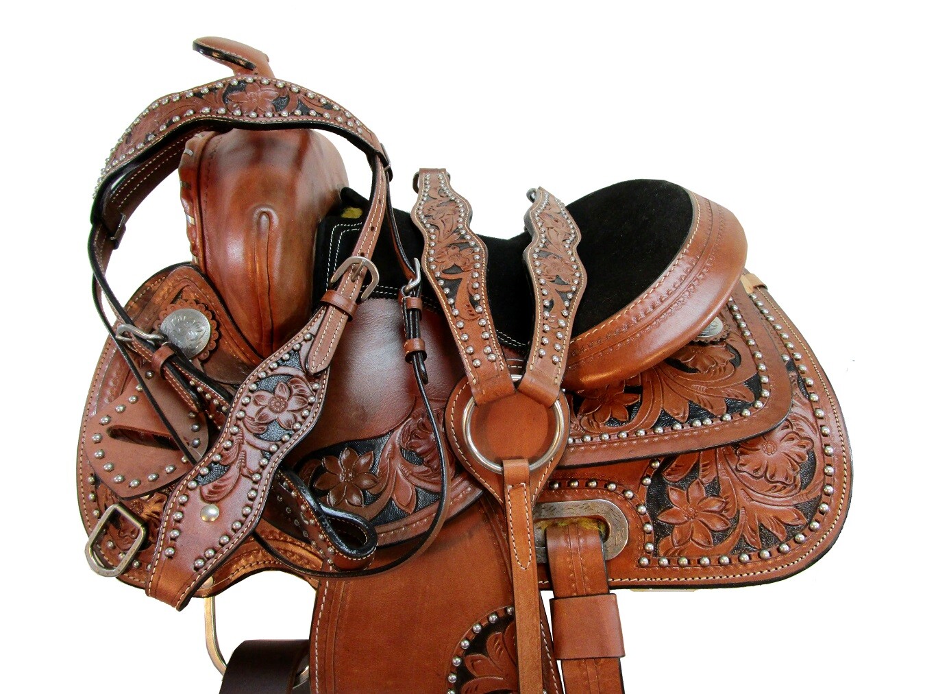 13 12 PONY WESTERN SADDLE PLEASURE FLORAL TOOLED LEATHER TRAIL BARREL RACING SET