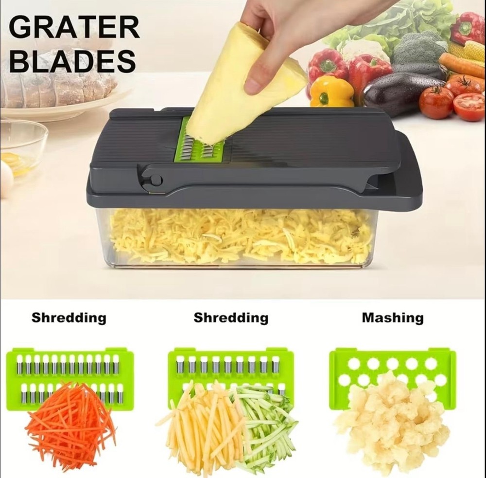 Multi-Function Push Food Chopper with Blades, Container, Green/Gray
