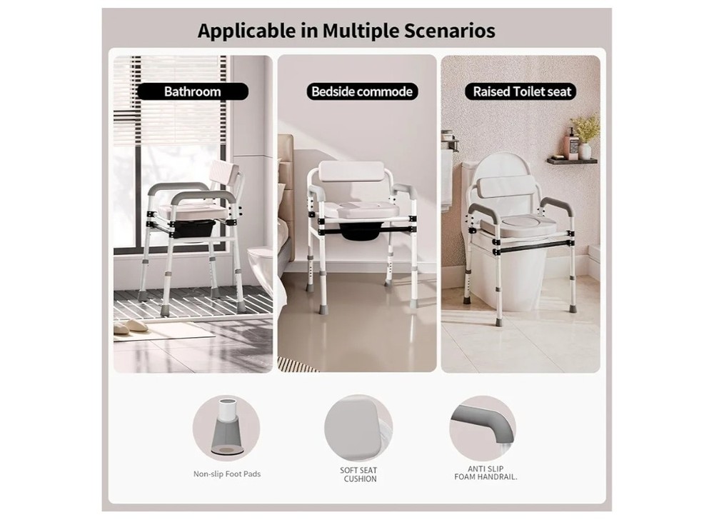 Adjustable Medical Bedside Commode Chair with Padded Backrest, Arm Support,...