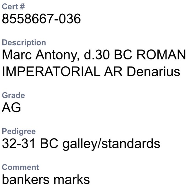 Marc Antony Silver Denarius 30BC Genuine Legionary Roman Imperatorial NGC Graded