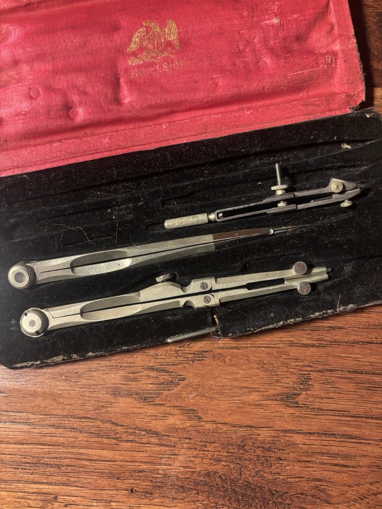 Antique Distressed Drafting Compass Set with Case Missing Some Tools