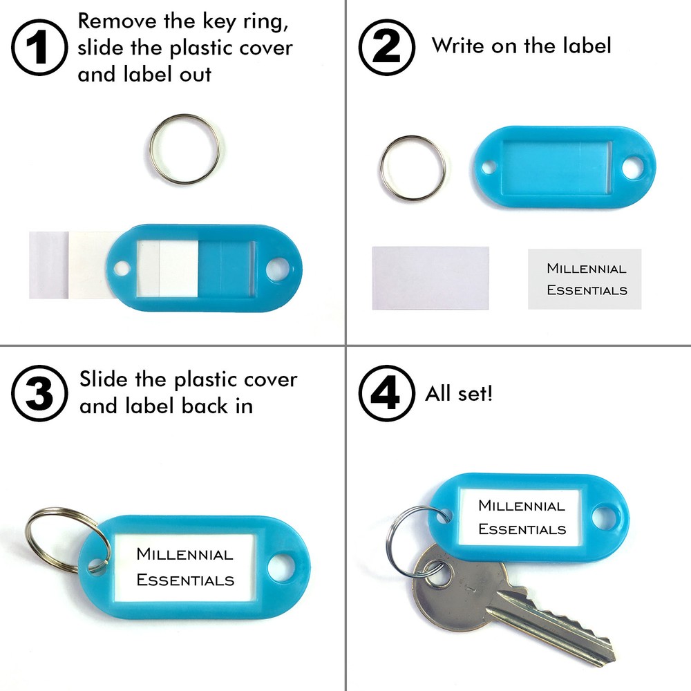 100pack Tough Plastic Key Tags with Split Ring Label Window, Coded ID Tags