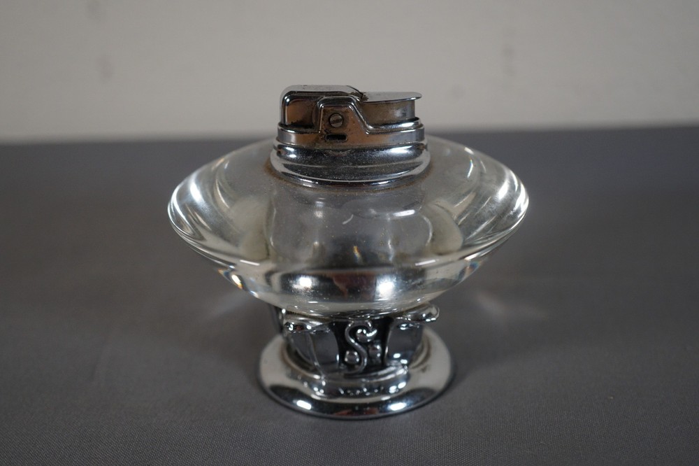 Art Deco Ronson Table Cigarette Lighter Chrome Glass Crystal