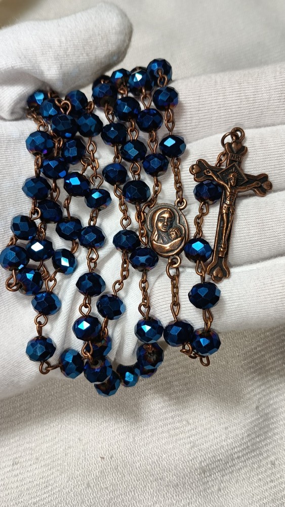 Vintage Blue Crystal Beaded Terra Jerusalem Beaded Rosary