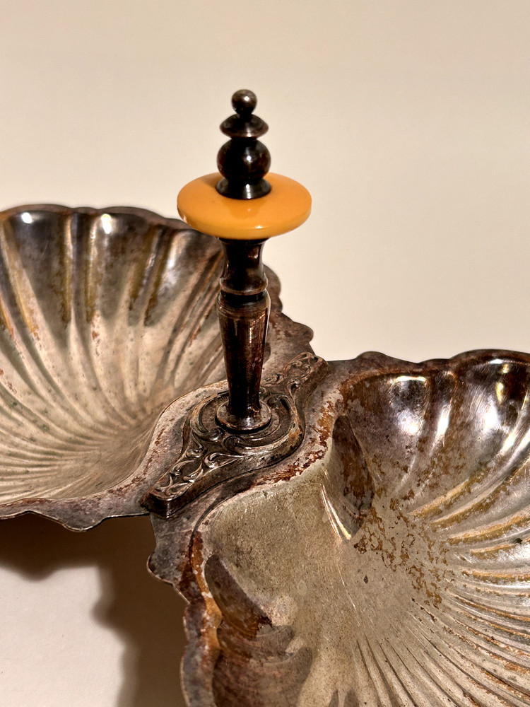 Vintage Silver Plated Double Shell Candy Dish w/ Bakelite Trim Handle