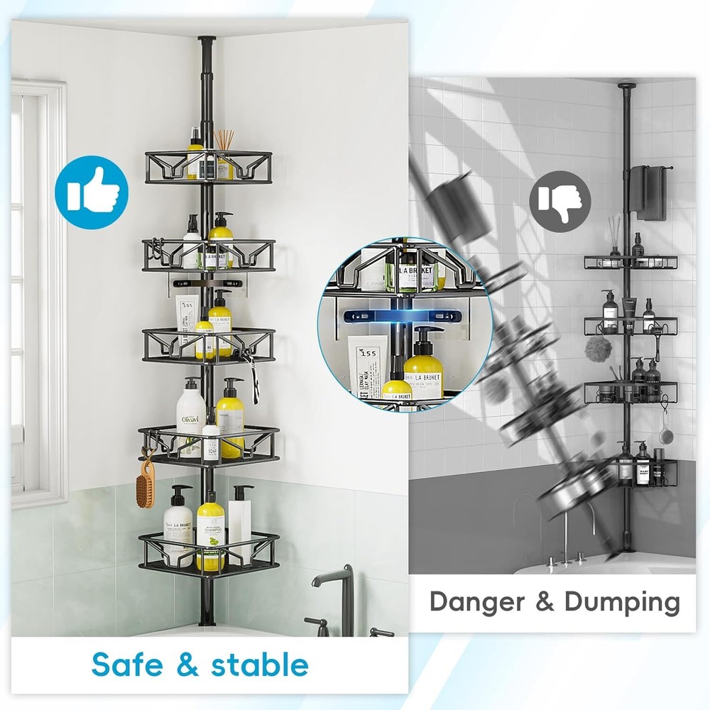 Adjustable Corner Shower Basin Organizer with Hooks,Rustproof Tension Rods
