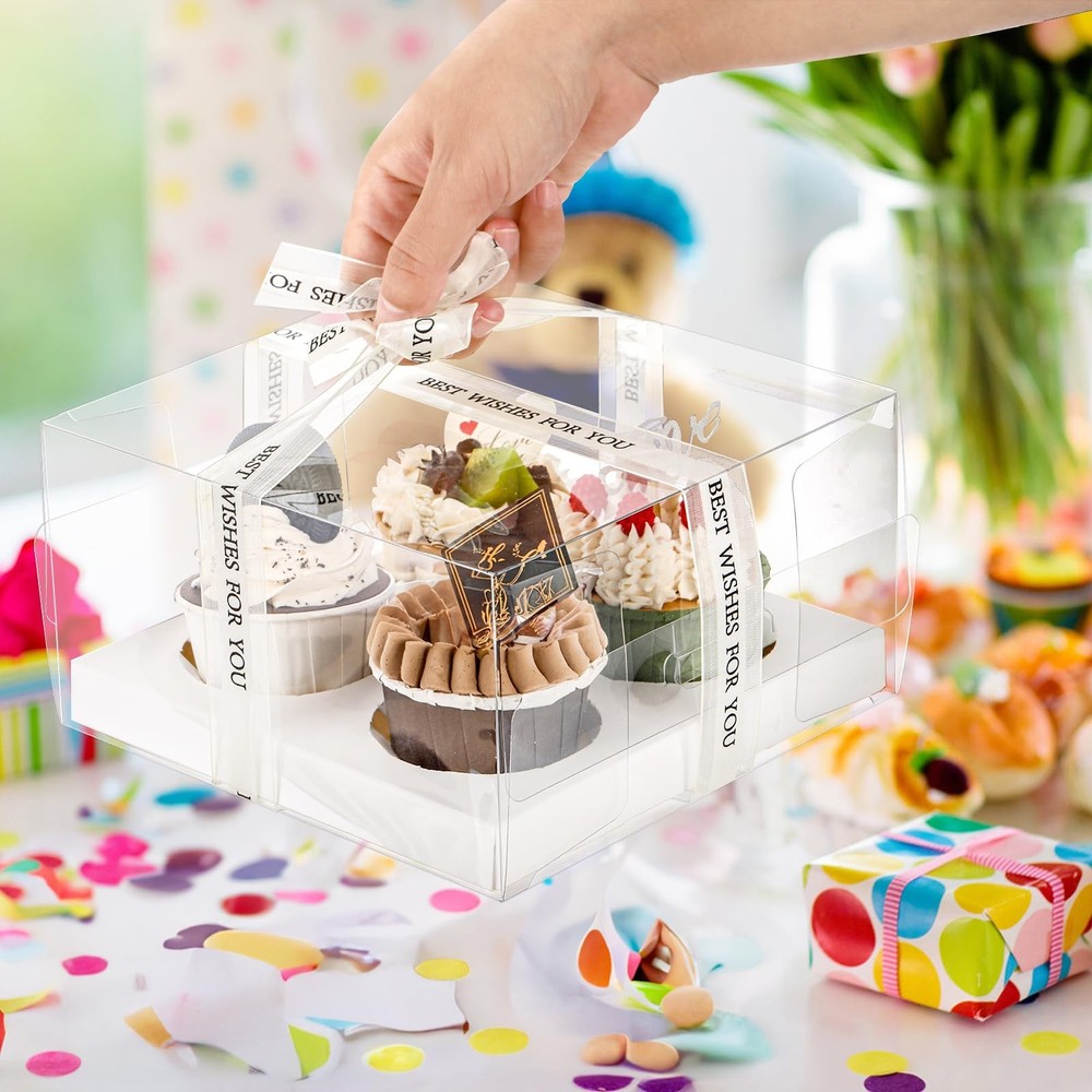 Cedilis 20 Pack Clear Cupcake Boxes with Gift Ribbon, 4 Count Plastic Cupcake...