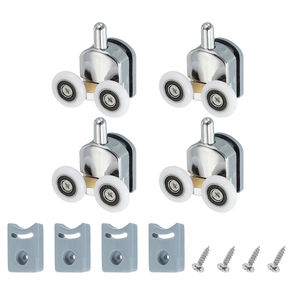 4Pcs 23mm Double Shower Door Rollers Copper Bottom Wheels Pulleys Guide Silver