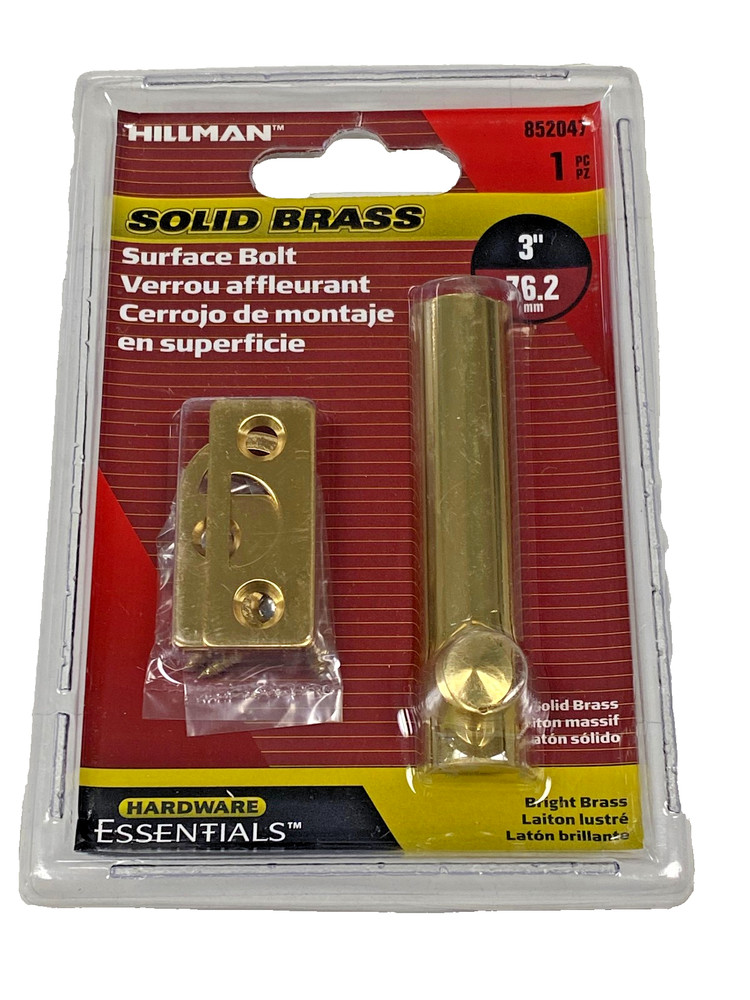 Hillman Solid Brass Surface Bolt 852047 Bright Brass 3" Hardware Essentials Lock