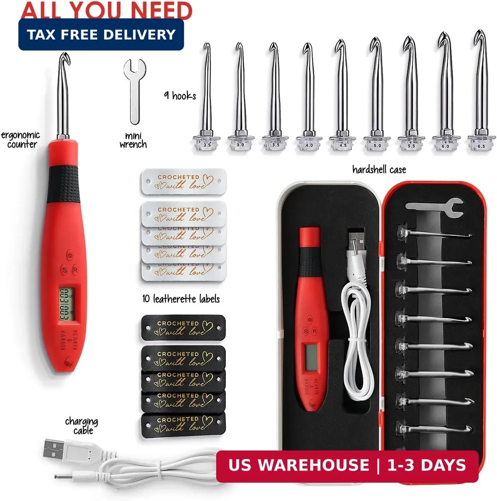 Hearth & Harbor Light Up Crochet Hook Set with Case, Counting Crochet Hook Set D