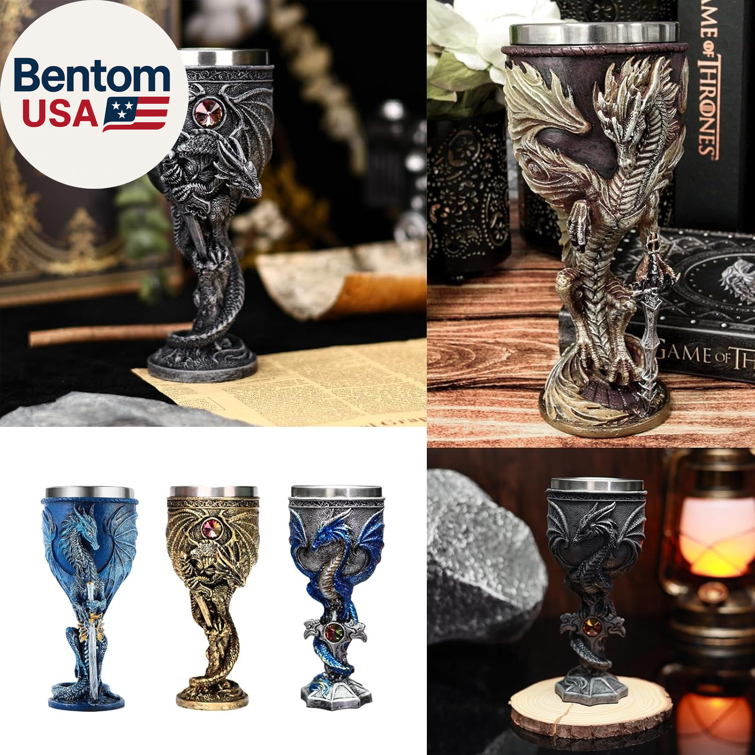 Medieval Flame Dragon Wine Goblet,Goblet Resin Wine Cup with Stainless Steel Lin