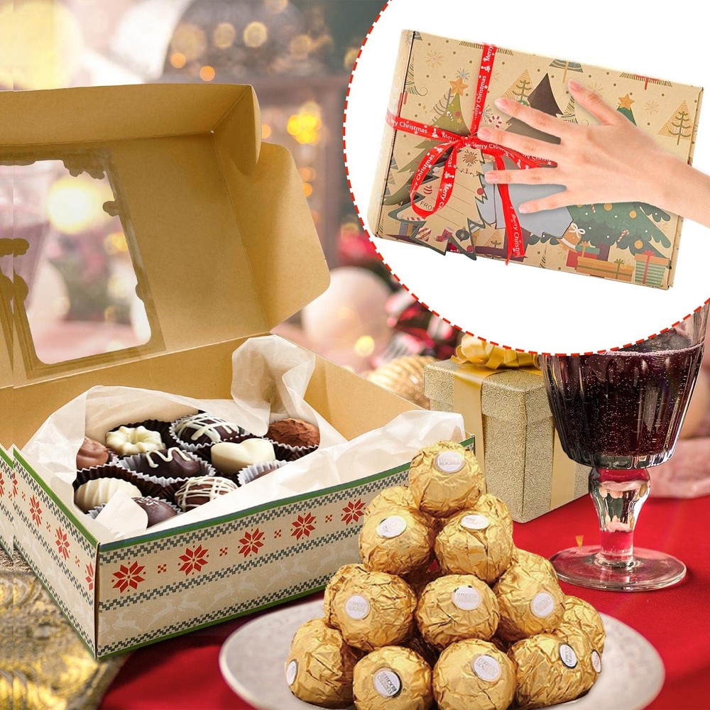 12 Packs Brown Christmas Cookie Boxes with Window for Gift Large, Multicolor
